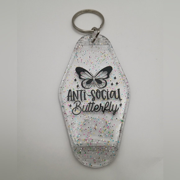 Clear Glitter Antisocial Butterfly Vintage Styled Motel Keychain Keyring Gift - Picture 1 of 2